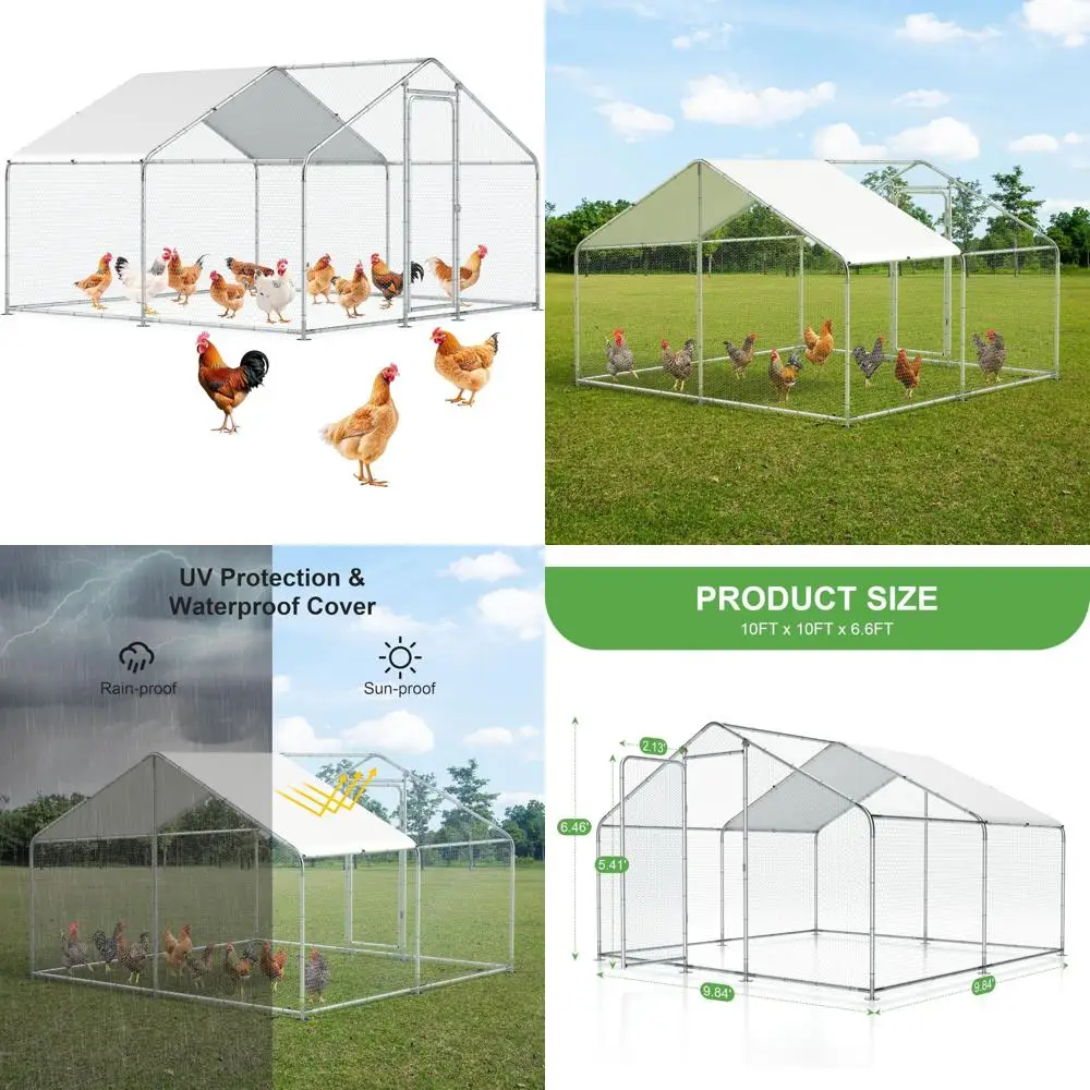 10x10x6.6FT Large Walk-in Chicken Coop with Waterproof and UV-Resistant Cover, Spire Roof Design