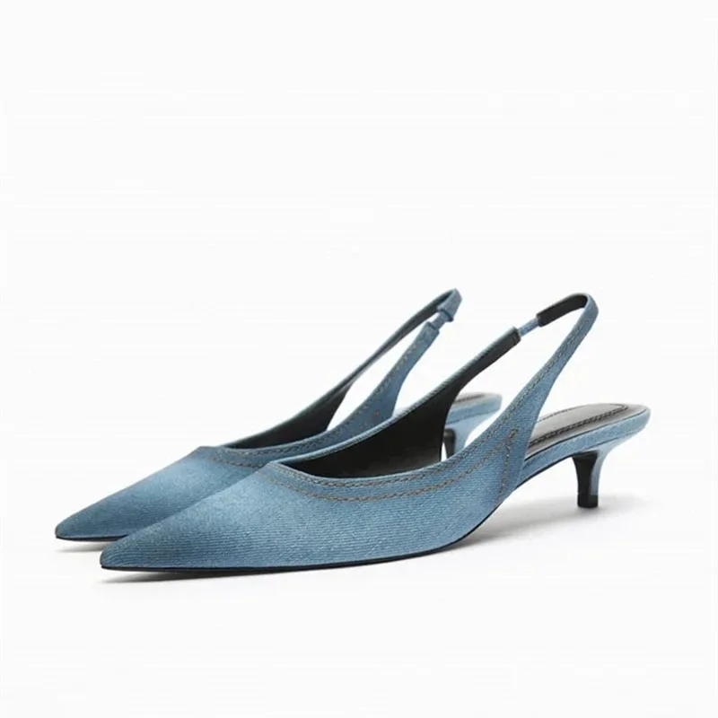 TRAF Blue Denim Fabric Slingbacks Stilettos Women Point Head Thin Low Heel Pumps Shoes New Leisure Concise Sandals For Woman