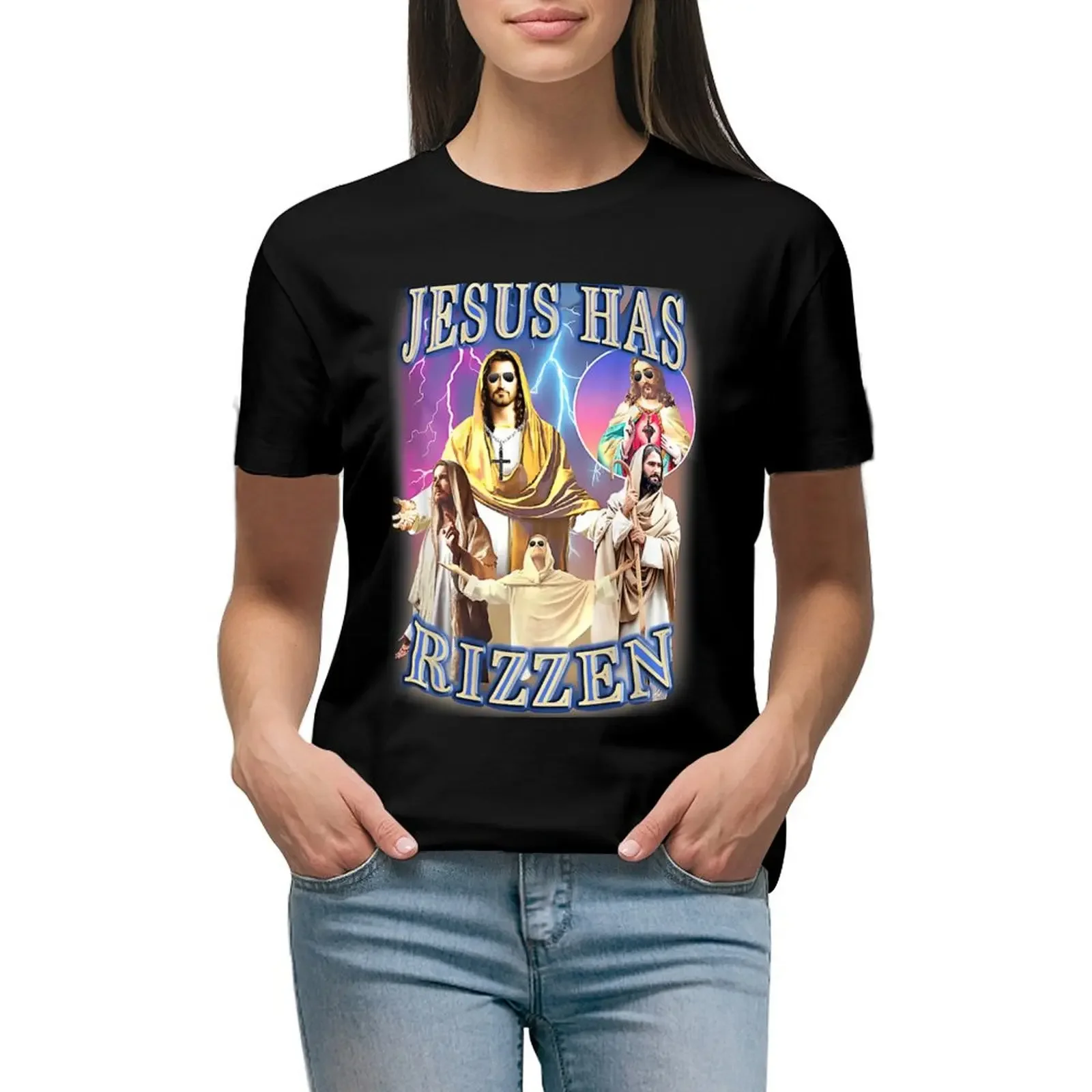 

Jesus Has Rizzen on back - He Is Rizzen Jesus Rizz T-Shirt heavyweights funny aesthetic clothes cute tops cat shirts for Women