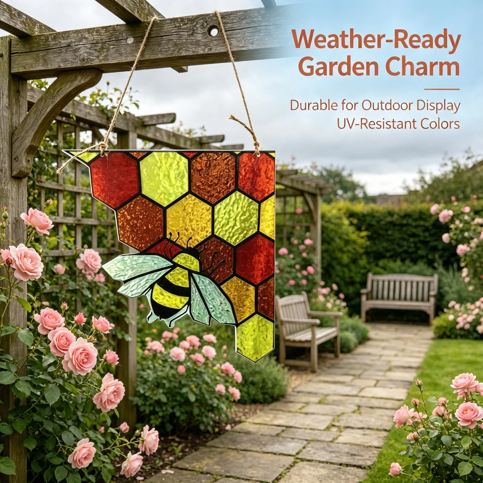 Stained Glass Bee Suncatcher Hanging, Acrylic Honeycomb Window Corner Decoration, Home Garden Room Wall Art, Ornament Gift Decor