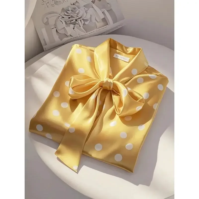 Elegant French Women High Quality Satin Polka Dot Print Shirt Office Lady Casual  Chic Blouse Lace-up Bow Long Sleeve Loose Tops