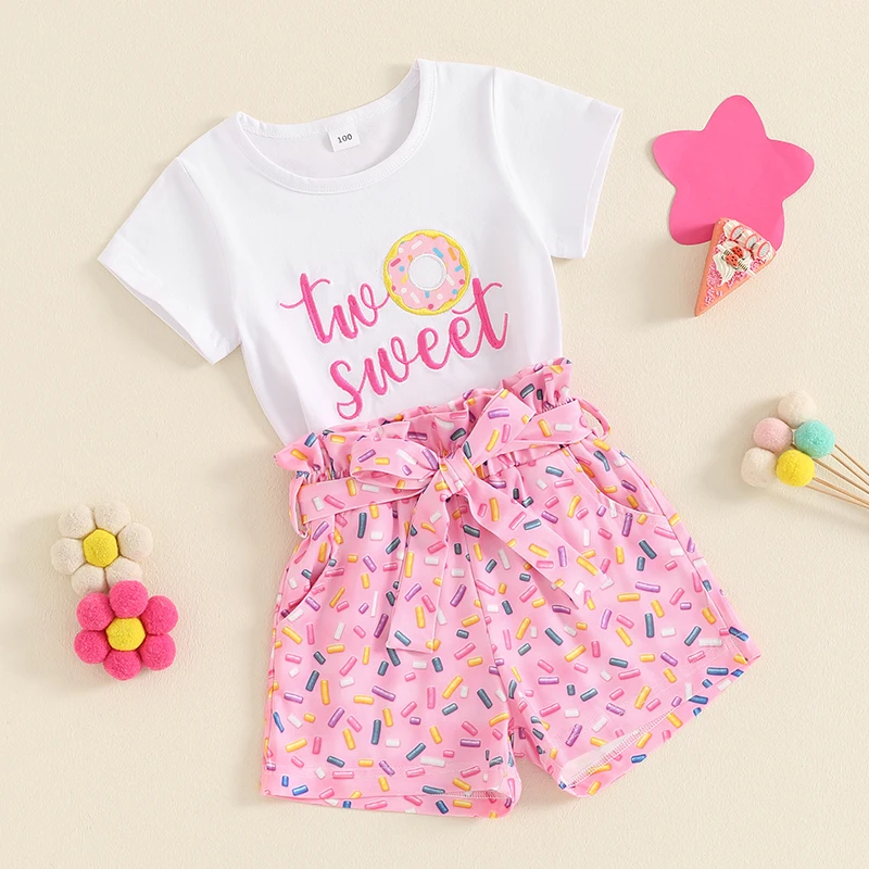 Little Girls Summer 2PCS Sets Short Sleeve Letter Donut Embroidery T-shirt Belted Shorts Sets