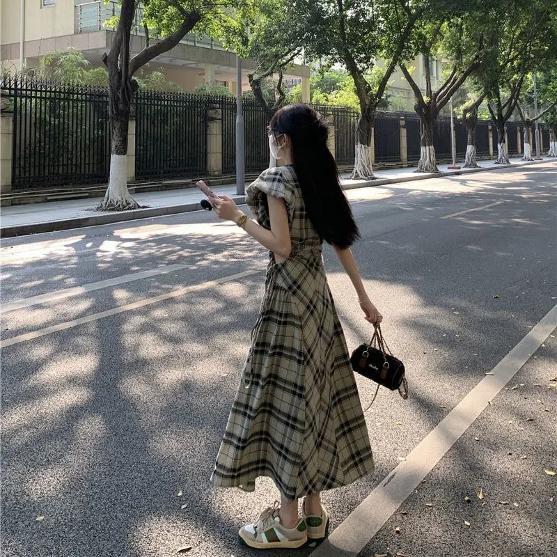 Vintage Plaid Aura Waist Long Dress Summer French Style A-Line Female Clothing Short Sleeve Stylish Cut Out Drawstring Dresses