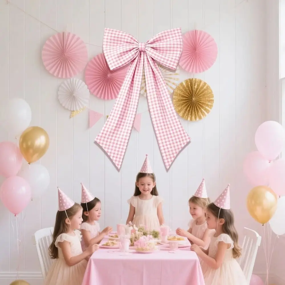 Plaid Bow Fabric Bow Wall Decor Multi-Purpose Oversized Wall Backdrop Bows Long Tails Reusable Large Fabric Bow Baby Shower