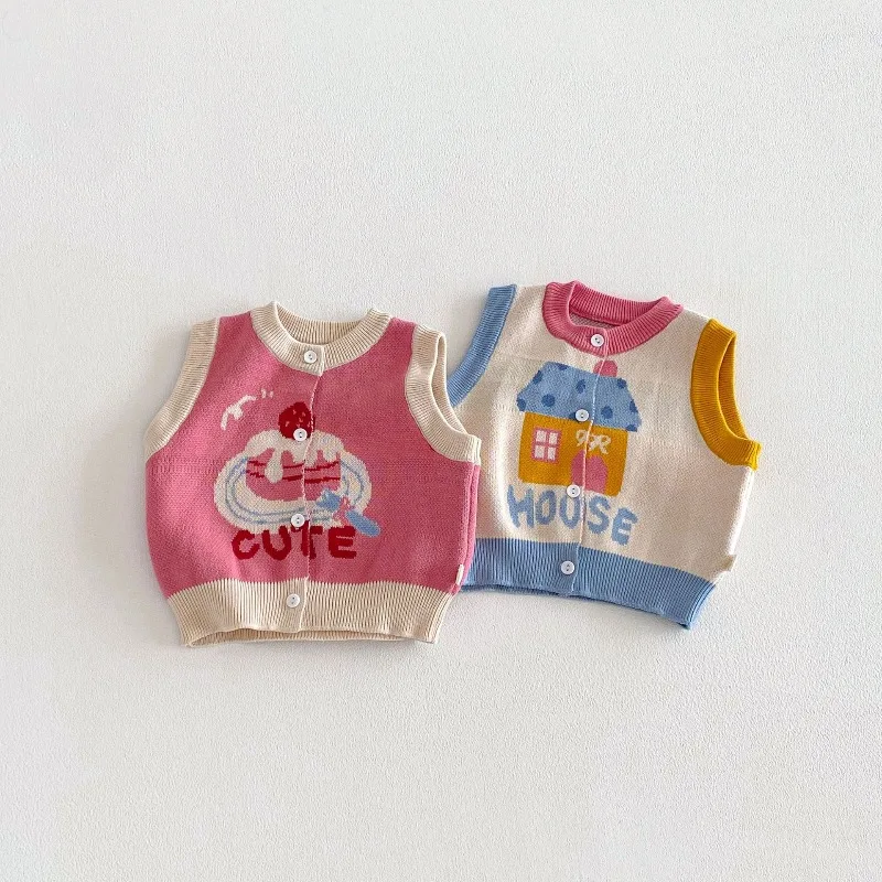 Childrens Knit Vest 2026 Spring Girls Boys Jacquard Cake Cardigan Korean Style Baby Kids Colorful Contrast Sleeveless Sweater