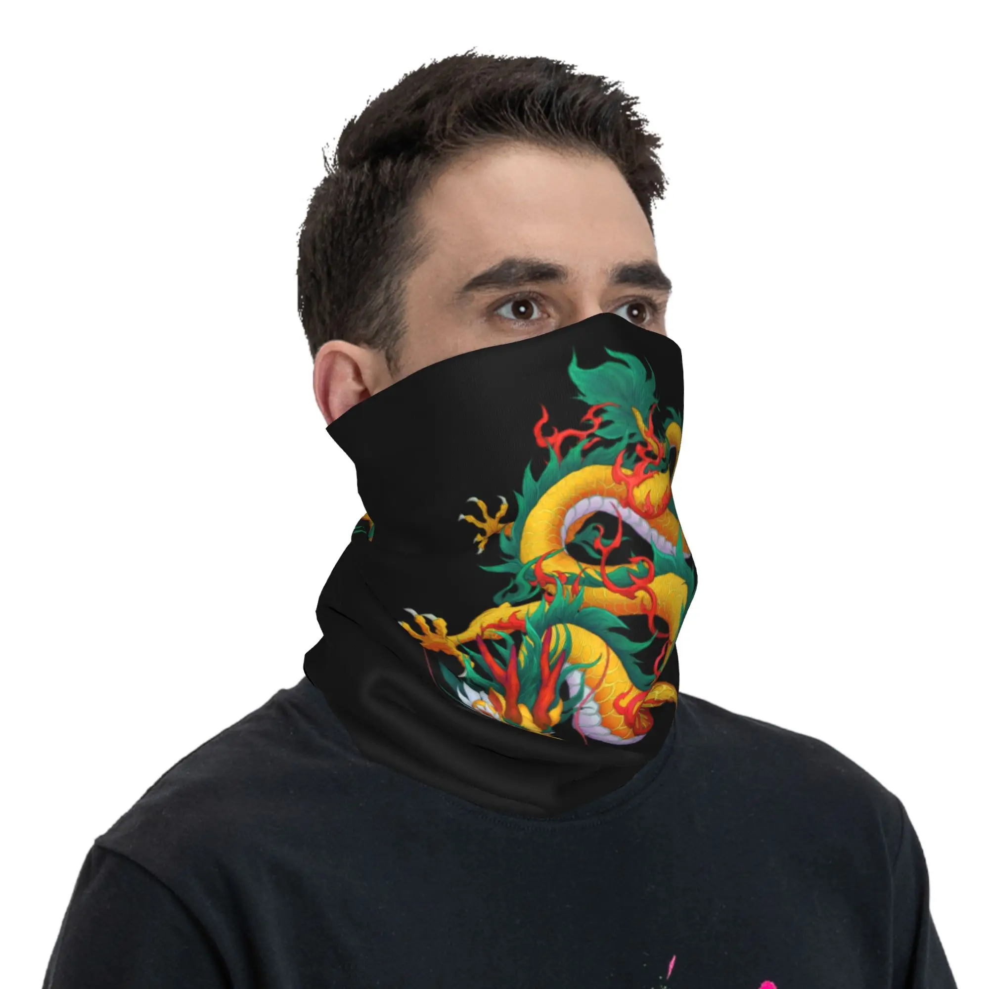 Custom Golden Green Dragon Tattoo Bandana Winter Neck Warmer Men Windproof Wrap Face Scarf for Hiking Chinese Oriental Mythical view 5