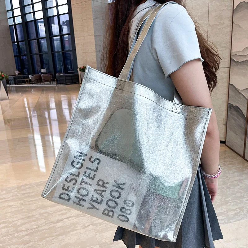 Clear PVC Transparent Tote Bag For Student Glitter Large Capacity with Handles Portable Stationery Storage Bag Shopping Handbag