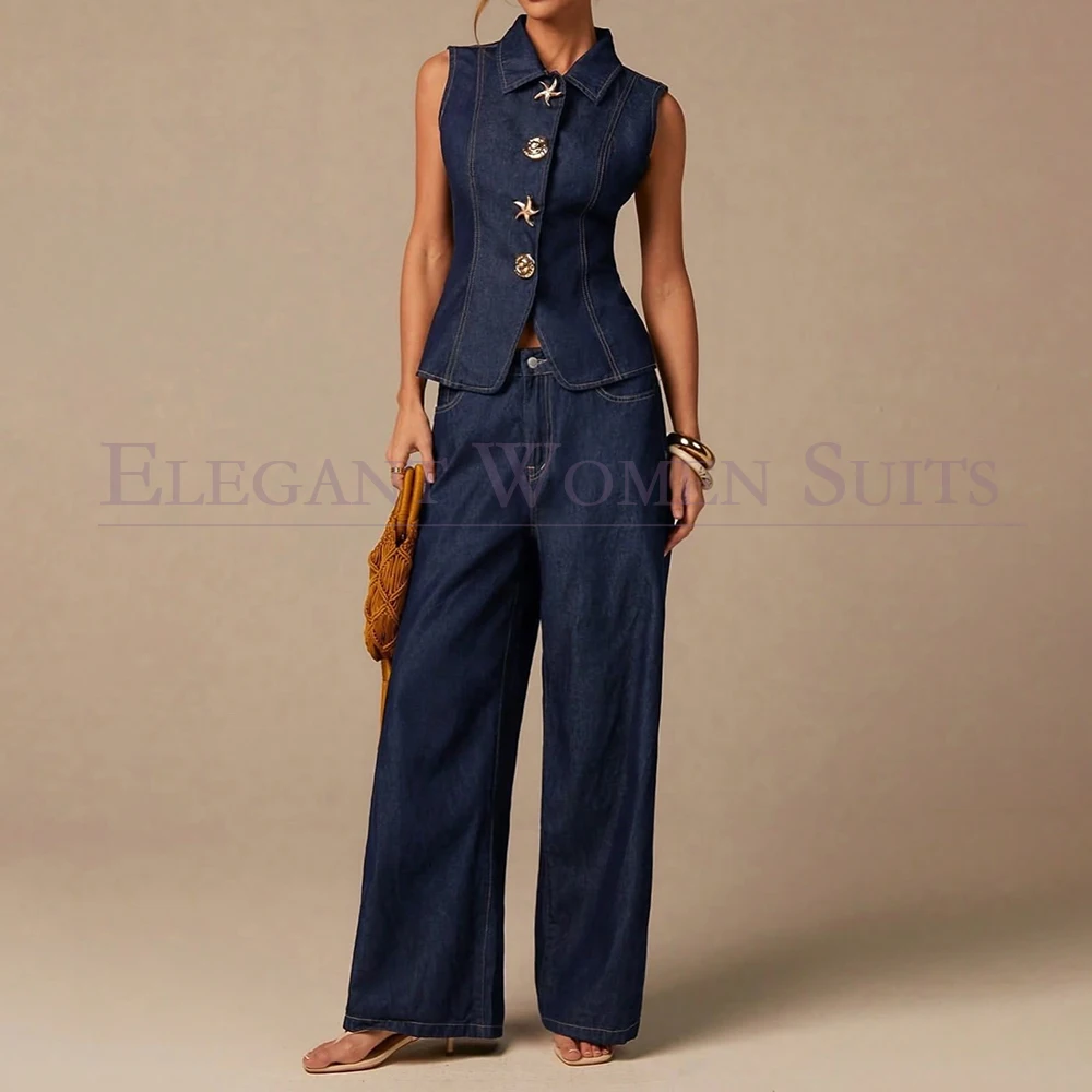 Customized Women's Suits Sets Fashion Single Breasted Stand Lapel Slim Fit Waistcoat With Pants Denim 2 Piece Blazer Outfits