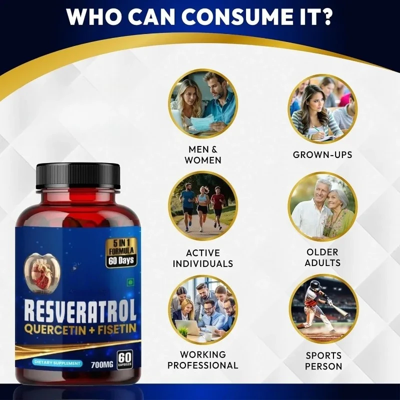 Trans Resveratrol 5-in-1 Supplement 60 Capsules Quercetin, Fisetine, and Spermatomide -700mg