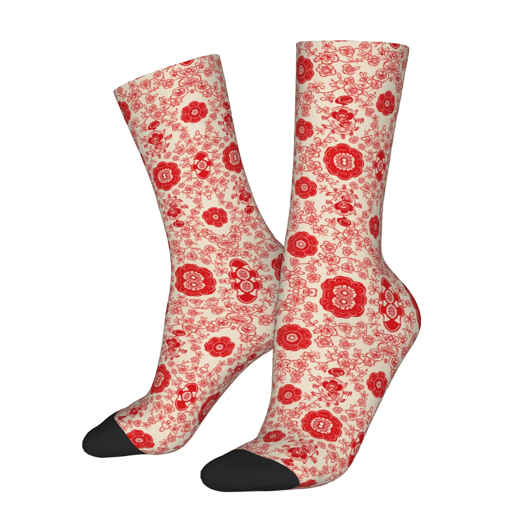 Hip Hop Retro Red flowers and creatures design Crazy Men's Socks Unisex Colorful flowers Printed Novelty Crew Sock tops fugees