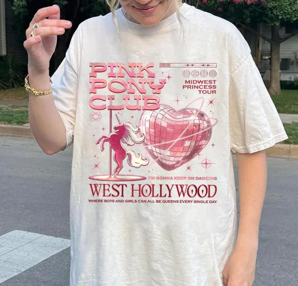Maglietta Pink Pony Club Sapphic WLW Pop Concert Pride Tee Maglietta digitale Maglietta girocollo casual nera in cotone