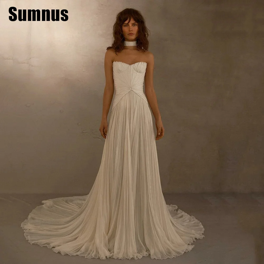 

Sumnus Boho Wedding Dresses Sleeveless Sweetheart Pleat Ruched A-Line Bridal Gowns Beach Bride Dress Elegant Bridals Party Gown