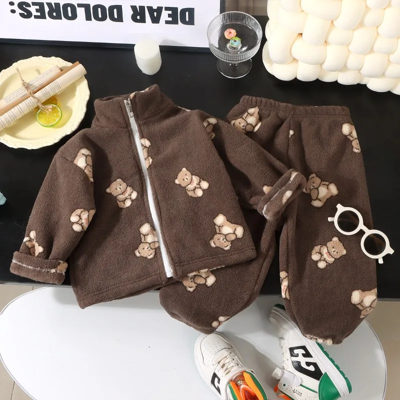 Bellbell Winter 2-12 Jahre Mädchen 2-teiliges Set Cartoon-Print Kinder Mädchen Reißverschluss-Mantel Anzug Dinosaurier Flanell Kleinkind Mädchen Hose Homewear-Anzug – Detail 6