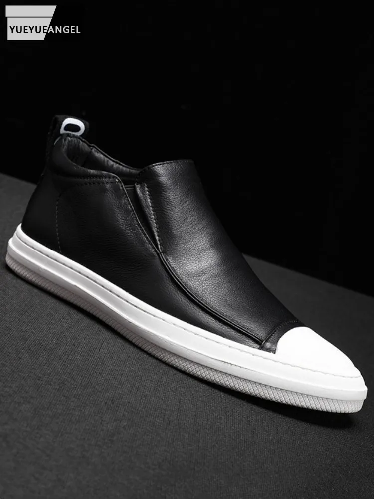 

Mens High Top Sneakers Slip-On Genuine Leather Shoes Solid Color Street Hip Hop Casual Shoes Male New Autumn Winter Flat Shoes