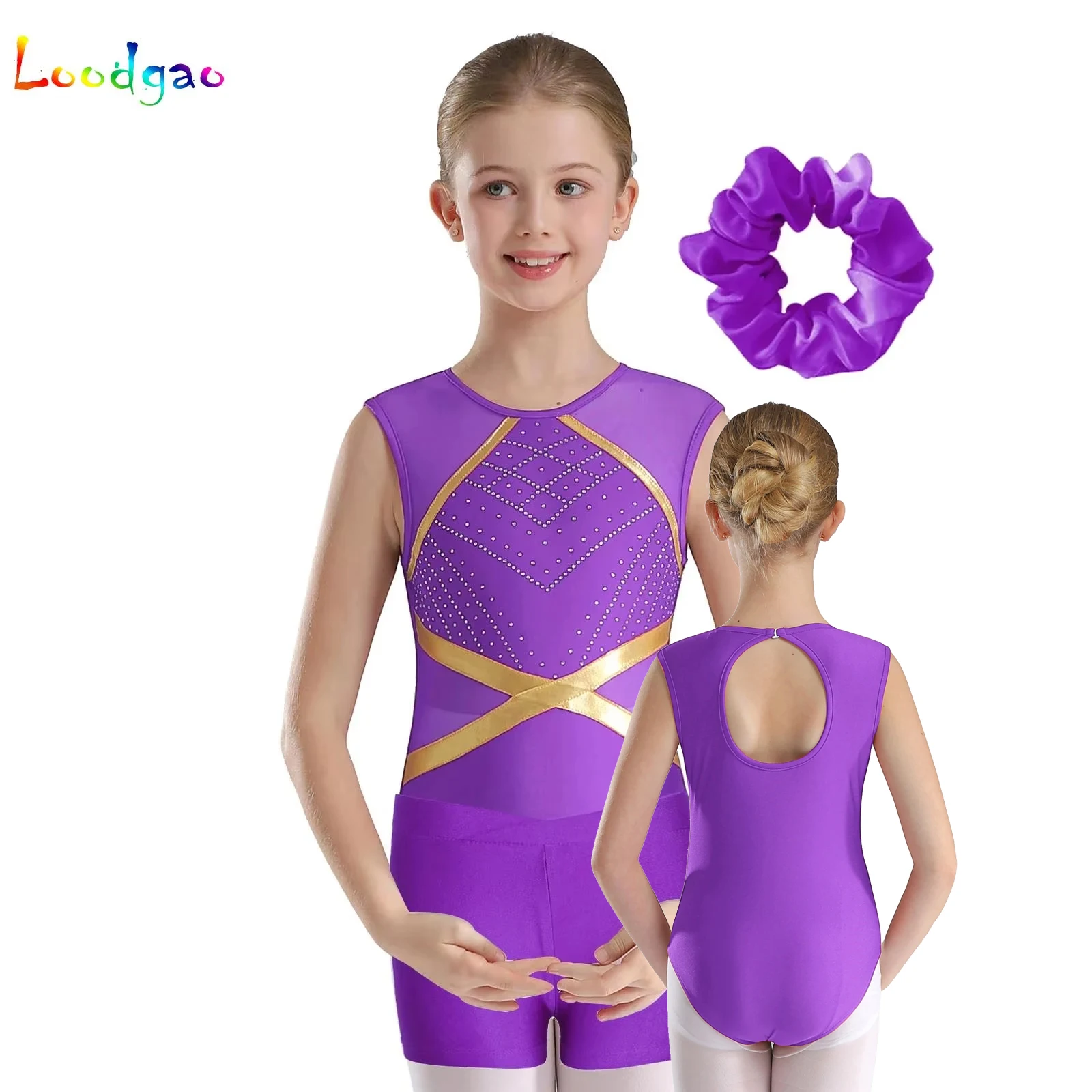 

Girls Gymnastics Leotard Sets Kids Rhinestones Ballet Dance Wear Sportswear Sleeveless Figure Skating Bodysuit with Booty Shorts