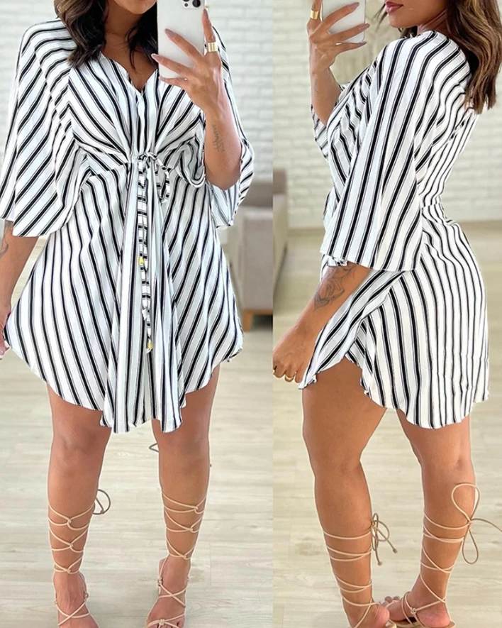 

2024 Summer Waistband Slimming Stripe jumpsuit Women's Deep V Flare Sleeve Dress