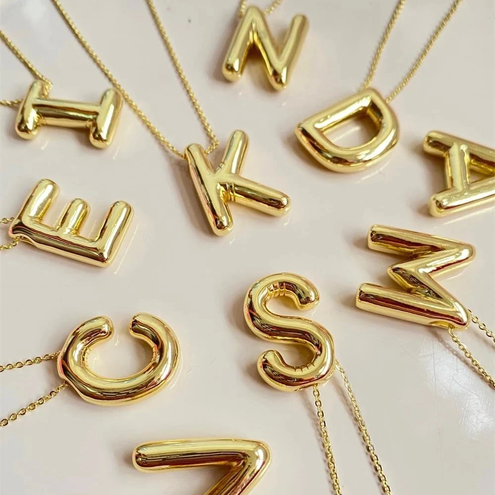 Vintage Stainless Steel Balloon Bubble Chunky Letter Necklace for Women 18K Gold Plated Initial Necklaces Collar Jewelry Gift