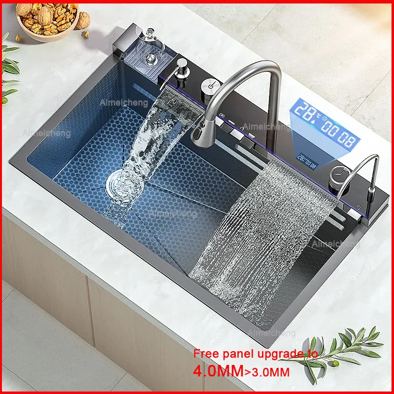 Stainless Steel Kitchen Sink with Faucet Digital Display Large Single Bowl Waterfall Rain 5 Functions System Dish Basin Sink