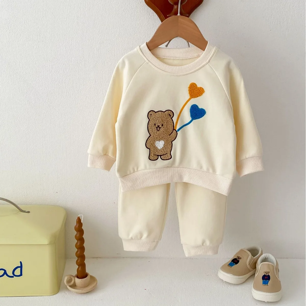 2024 Spring New in Kids Baby Boys Girls Clothes Infant Flocking Bear Top Sweatshirt+harem Pants Children Set 2pcs 3M-4Y