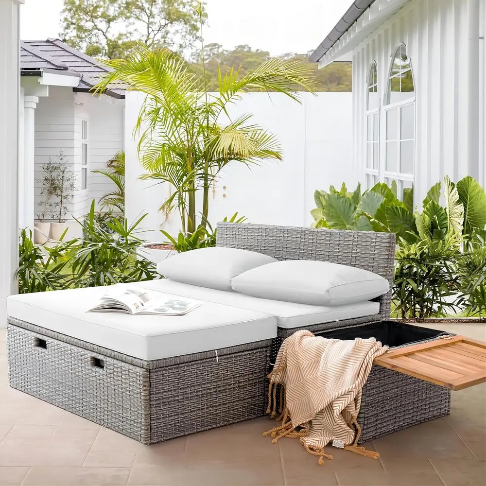 Outdoor Daybed Set Multiunctional Wicker Lounge Bed urniture with Two Side Tables, Cushions, Storage Bench or Porch Lawn Patio B