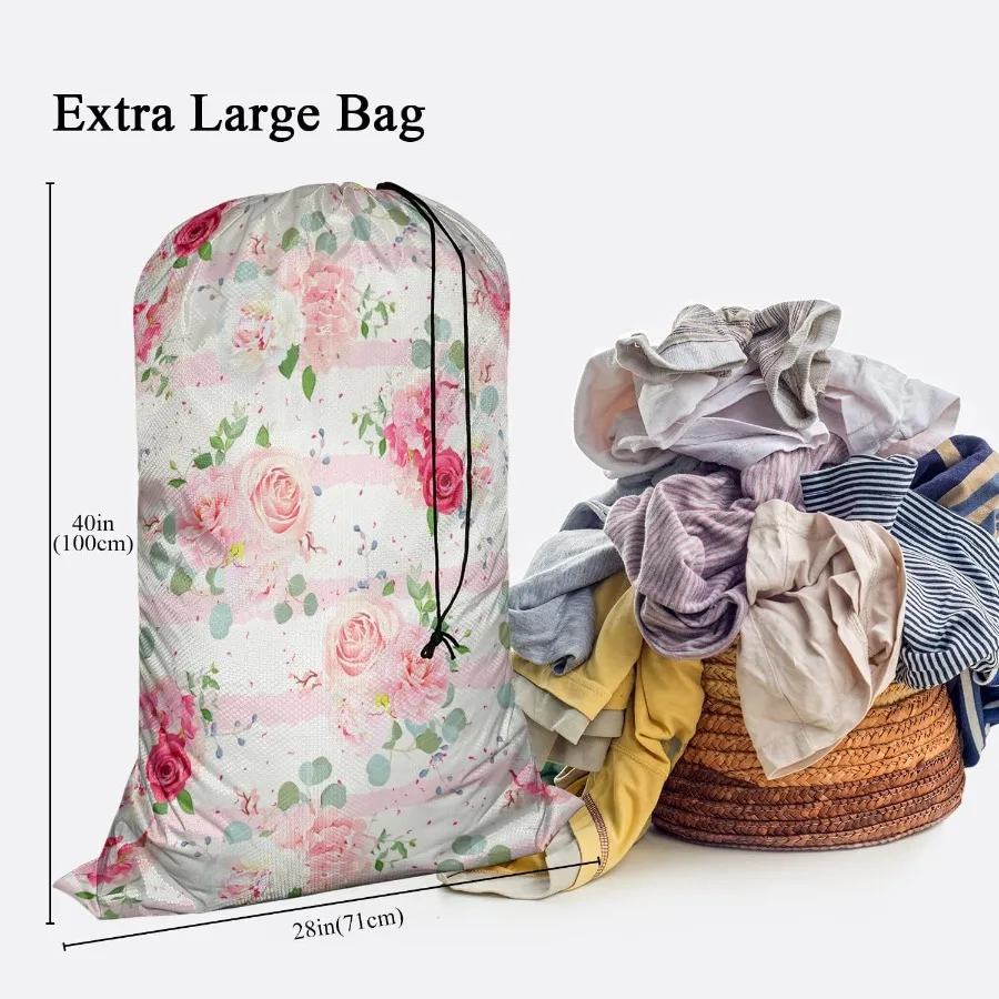 Pink Rose Dining Toy Storage Heavy Duty Basket Laundry Bag with Drawstring Romantic White Peony Bouquets Folding Organizer for