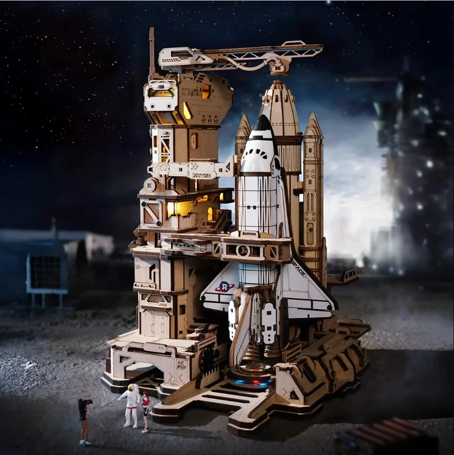 Robotime Space Shuttle 3D Wooden Puzzle Moving Rocket Launch Tower with Lights Mechanical Building Project for Adult Teen