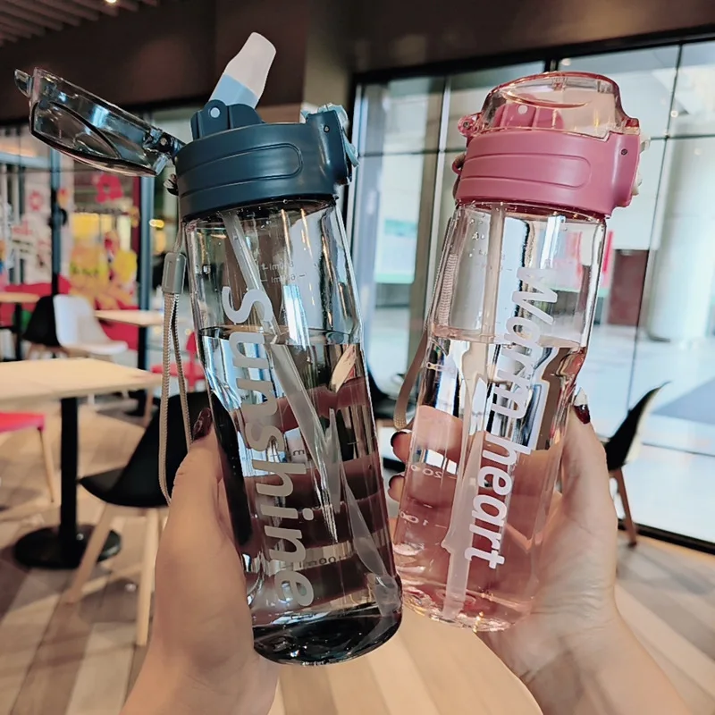 800ml Sports Water Bottle With Straw Plastic Water Bottles With Scale Leak Proof Drinking Bottles For Outdoor BPA Free Drinkware