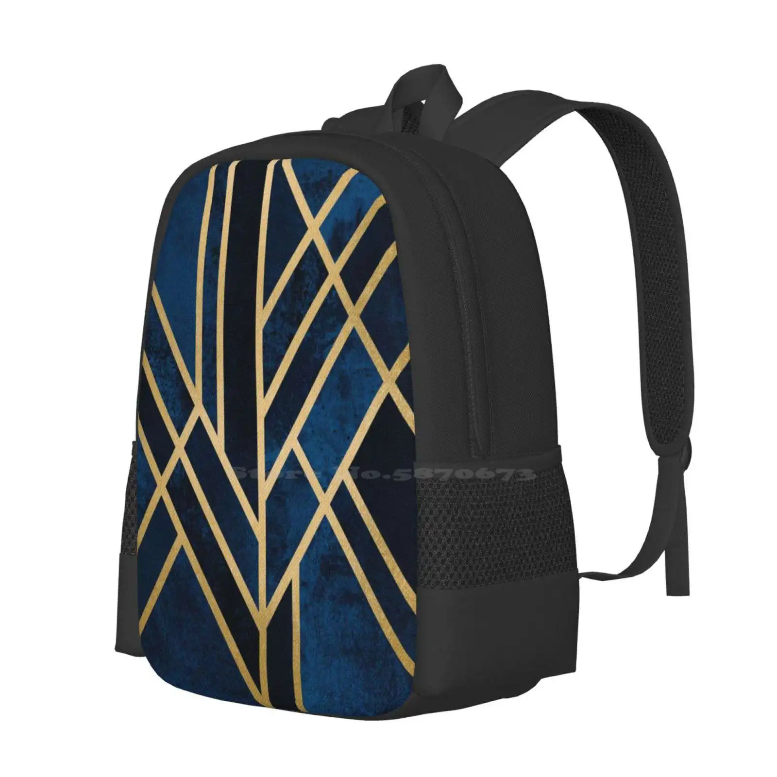 Art Deco Midnight Backpacks For School Teenagers Girls Travel Bags Graphic Pattern Abstract Lines Mosaic Golden Navy Dark Blue