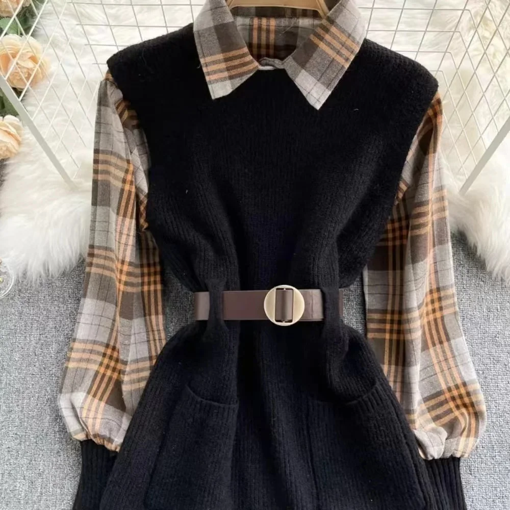 Argyle Sweater Womens 2021 New Plaid Shirt Fashion Knit Suit Mid-length Sweater Skirt Waist Tie