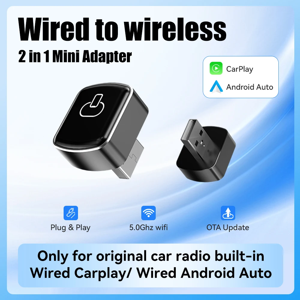 

TrolinkTek Ultra Mini 2-в-1 беспроводной автомобильный адаптер CarPlay и Android 5,8 ГГц Wi-Fi Plug & Play для 98% заводских проводных автомобилей BT 5,4 OTA
