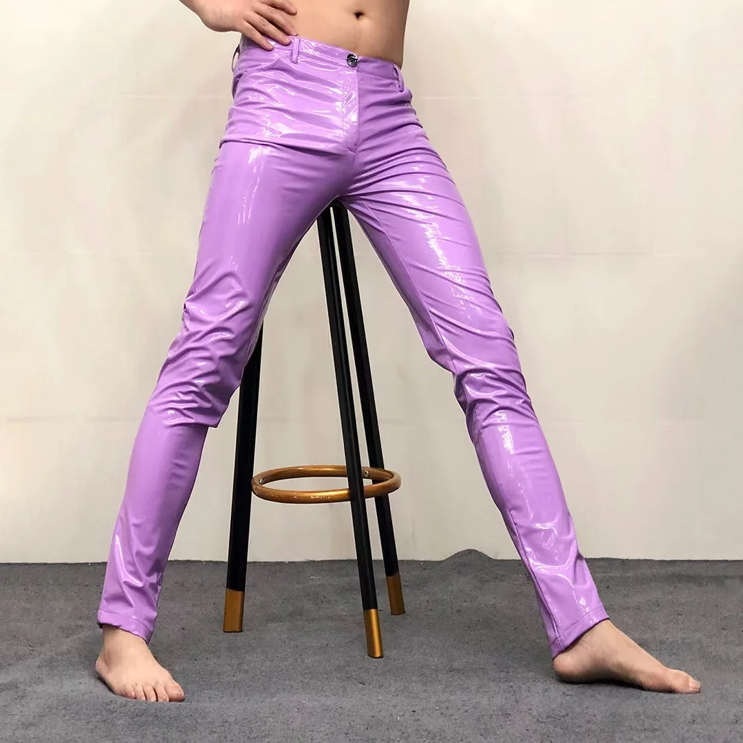 Bar Nightclub Male Singer Stage Skinny Leather Pants Bright Soft Leather Tight Motorcycle Trousers DJ Dancer Pencil Pants