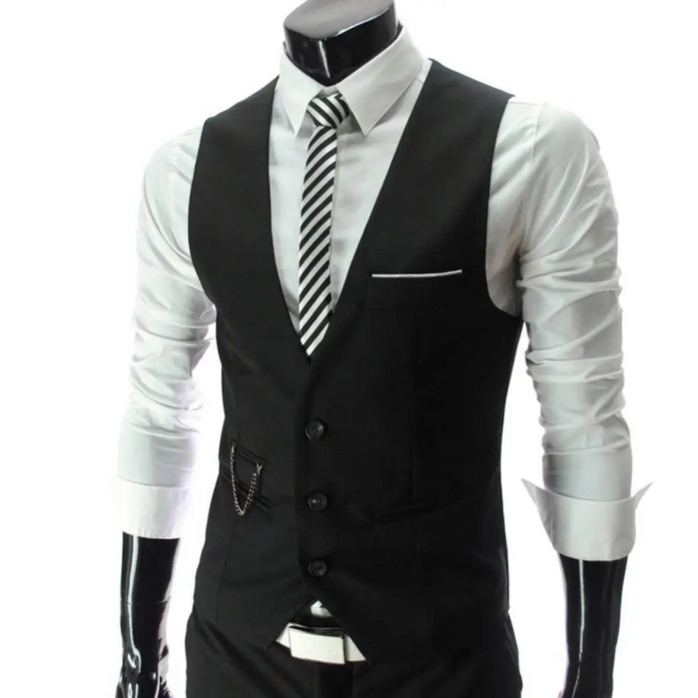 Fashion V Neck Sleeveless Button Pocket Blazer Plus Size Suit Jacket Vests Business Men Solid Color Formal Vests Waistcoat