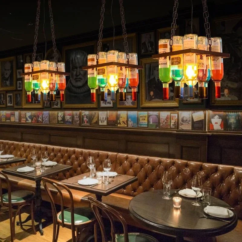 Retro Industrial Rust Metal Colored Wine Bottle Glass Chandelier Coffee Shop Bar Restaurant Living LED Decorative Pendant Lamp