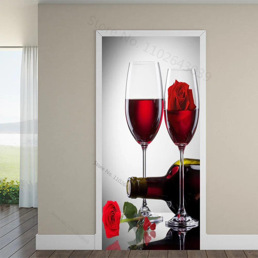 3D Red Wine Cup Door Sticker Room Home Decoration Red Rose Poster Wall Sticker Tear and Stick PVC Waterproof Wall Mural Vinyl