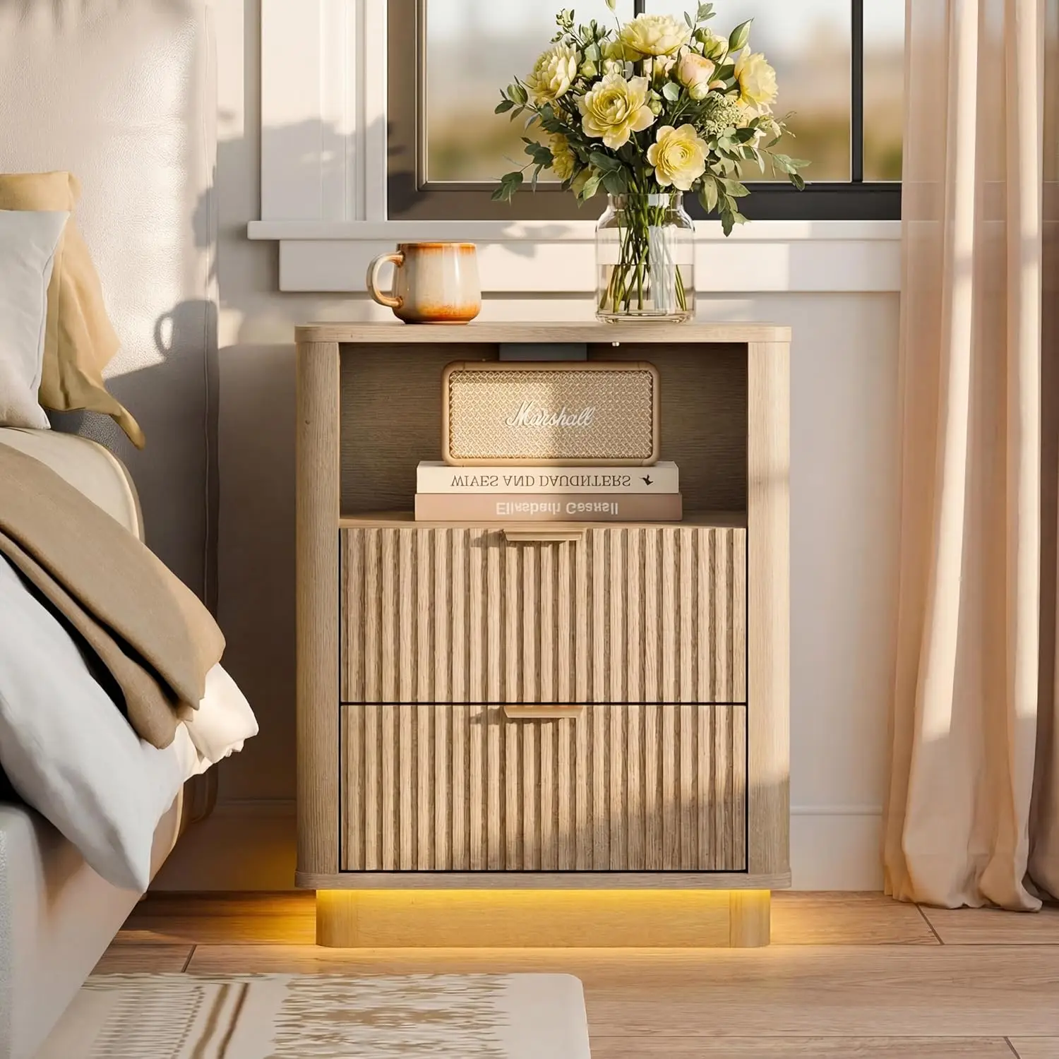 

20'' Led Fluted Nightstand with Charging Station, Curved Night Stand with Lighting, Wood End Table with 2 Drawers,, Customized