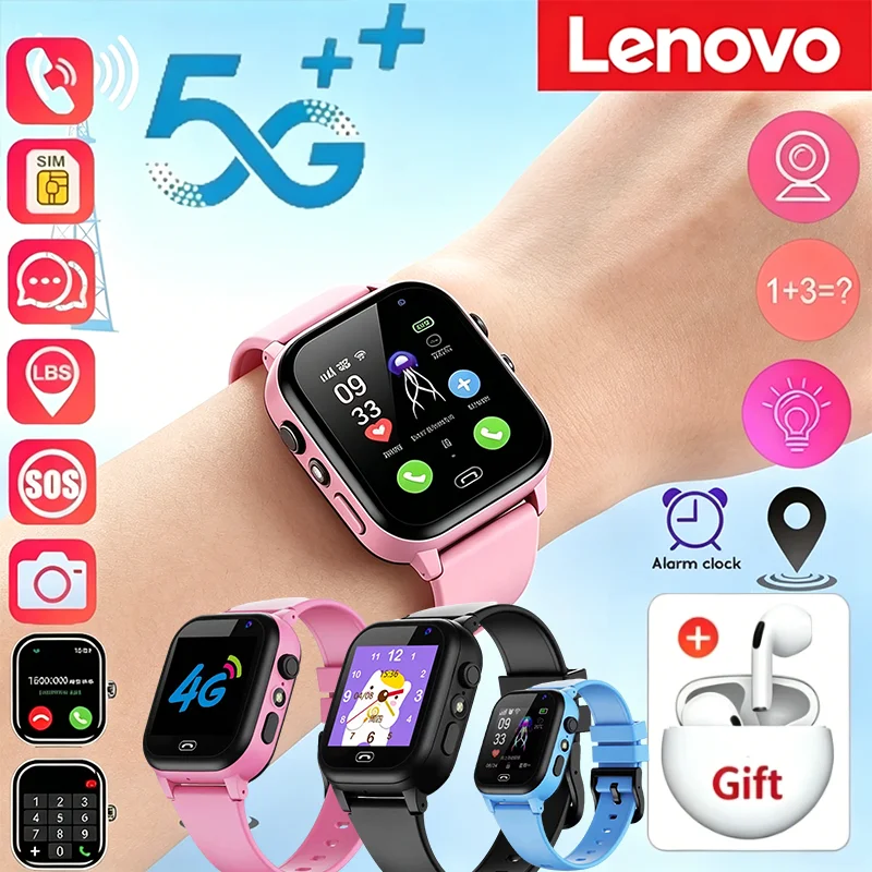 

Lenovo Kids 5G Smart Watch GPS Location Video Call Sim Card SOS Child Camera Waterproof Upgrade 2025 For Boys Girls Add Earphone