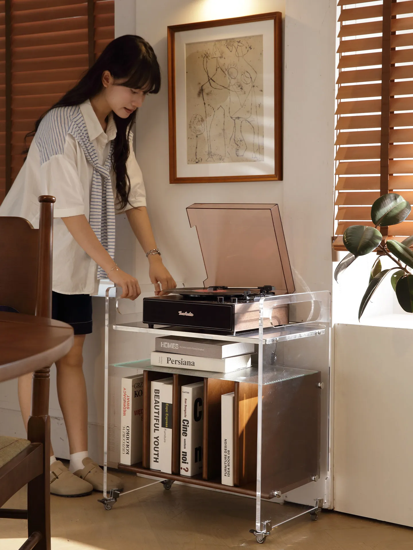 Medieval style movable record player, acrylic storage shelf, a few bedside trolleys by the sofa, wooden bookcase