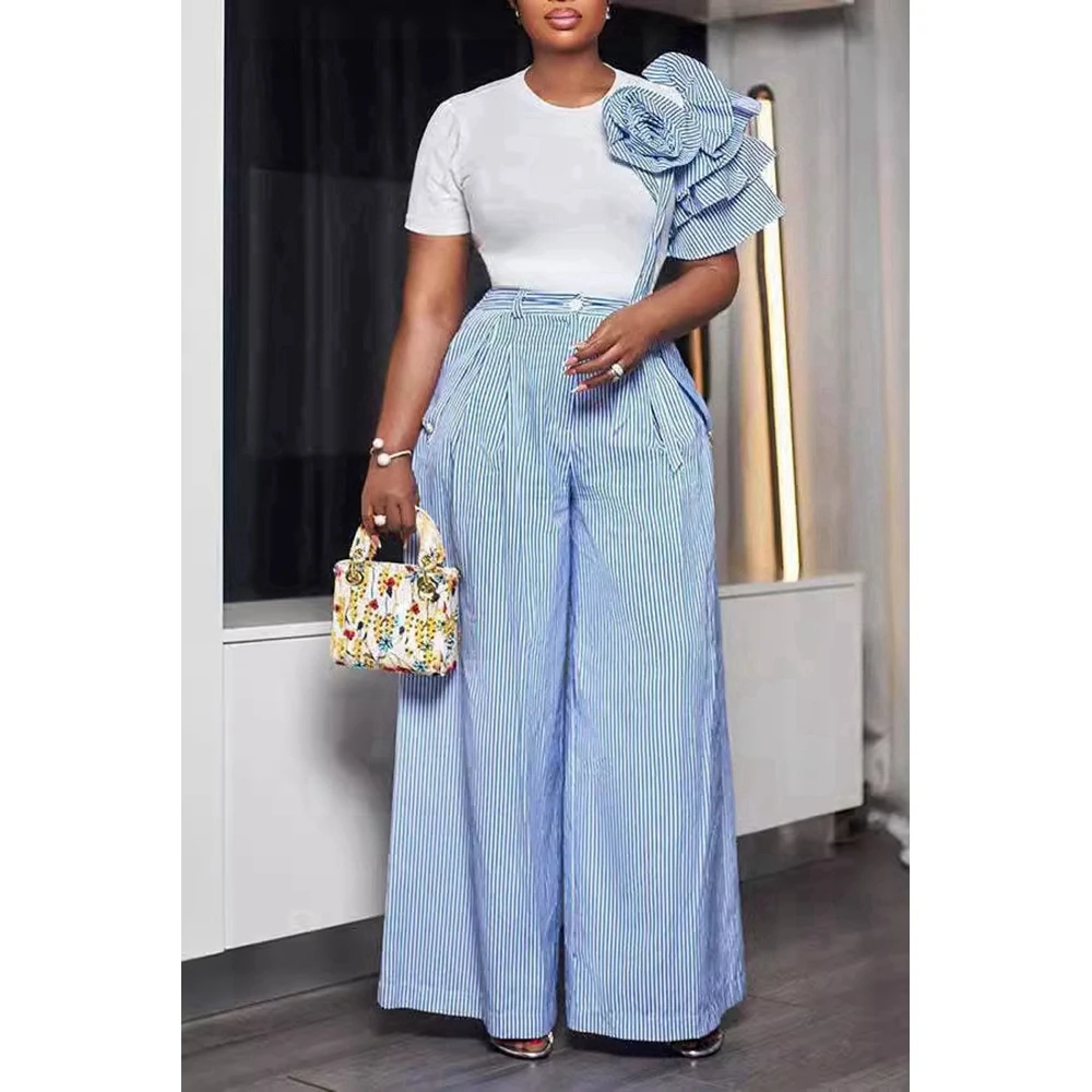 Women Slim Fit T-shirt Top & Wide Leg Pants Set Flower Pattern Decor Elegant Striped Two Pieces Sets y2k Outfits