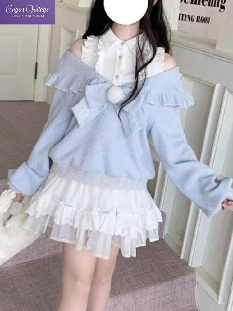 

Японский комплект Y2K Лолита из 2 предметов: облегающий топ с открытыми плечами и бантом + многоярусная юбка-торт с оборками. Милый, кавайный осенний модный наряд.