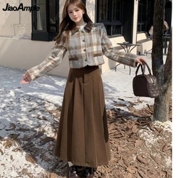 Women Autumn Winter Plaid Coats Skirts Two Piece Set Korean Lady Graceful Short Woolen Jackets Skirt Outfits New Clothing Suits