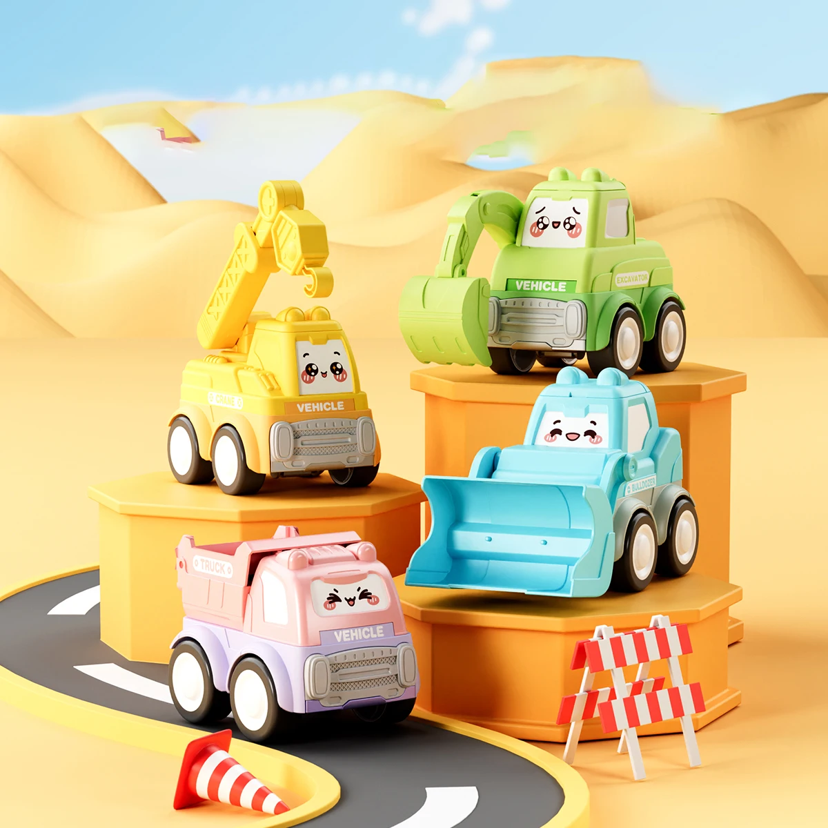 Candy colored cartoon engineering vehicle excavator crane return inertia sliding children\'s puzzle toy