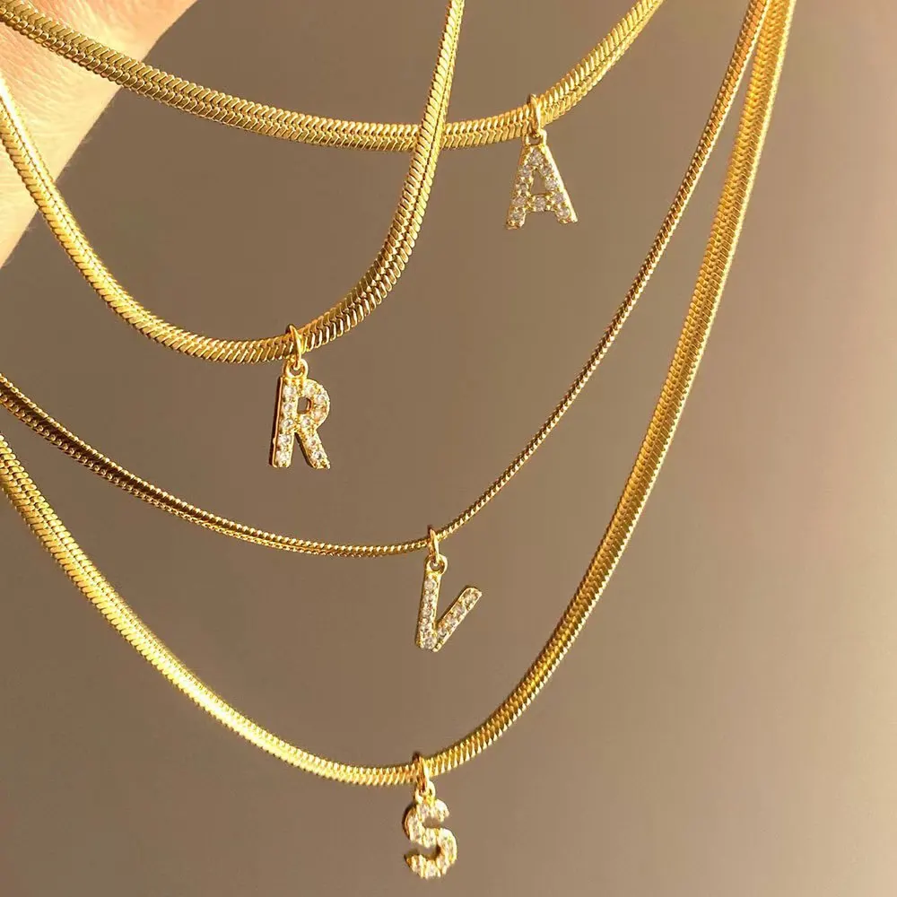 Trendy 26 Initial Letters Cubic Zirconia Pendant Necklaces for Women Gold Plated Chains A-Z Charm Name Personalized Neck Jewelry