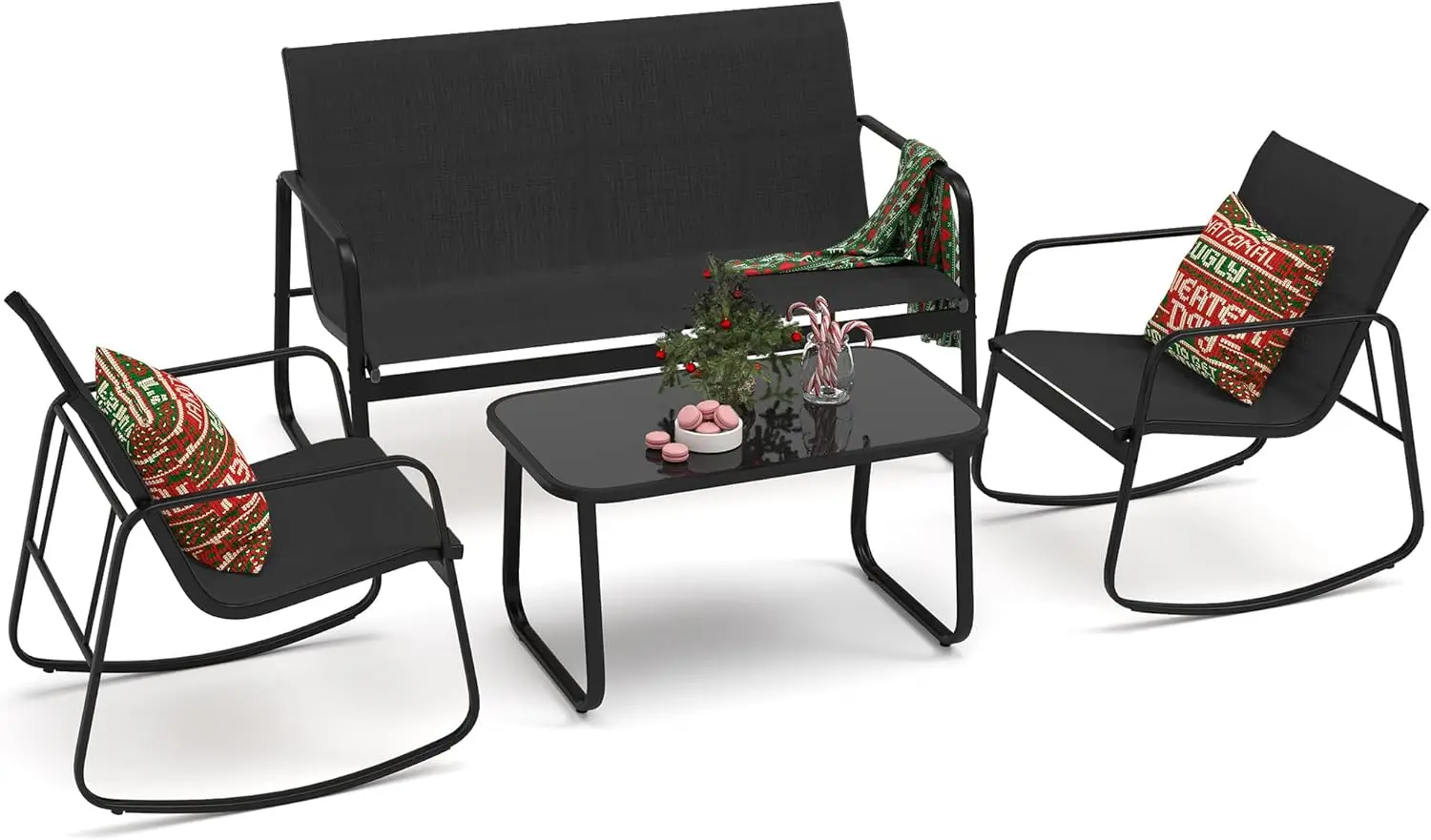 Yitahome 4 Piece Patio Furniture Set, Small Backyard Bistro Rocking Chairs, Loveseat And Glass Table, Textilene Outdoor