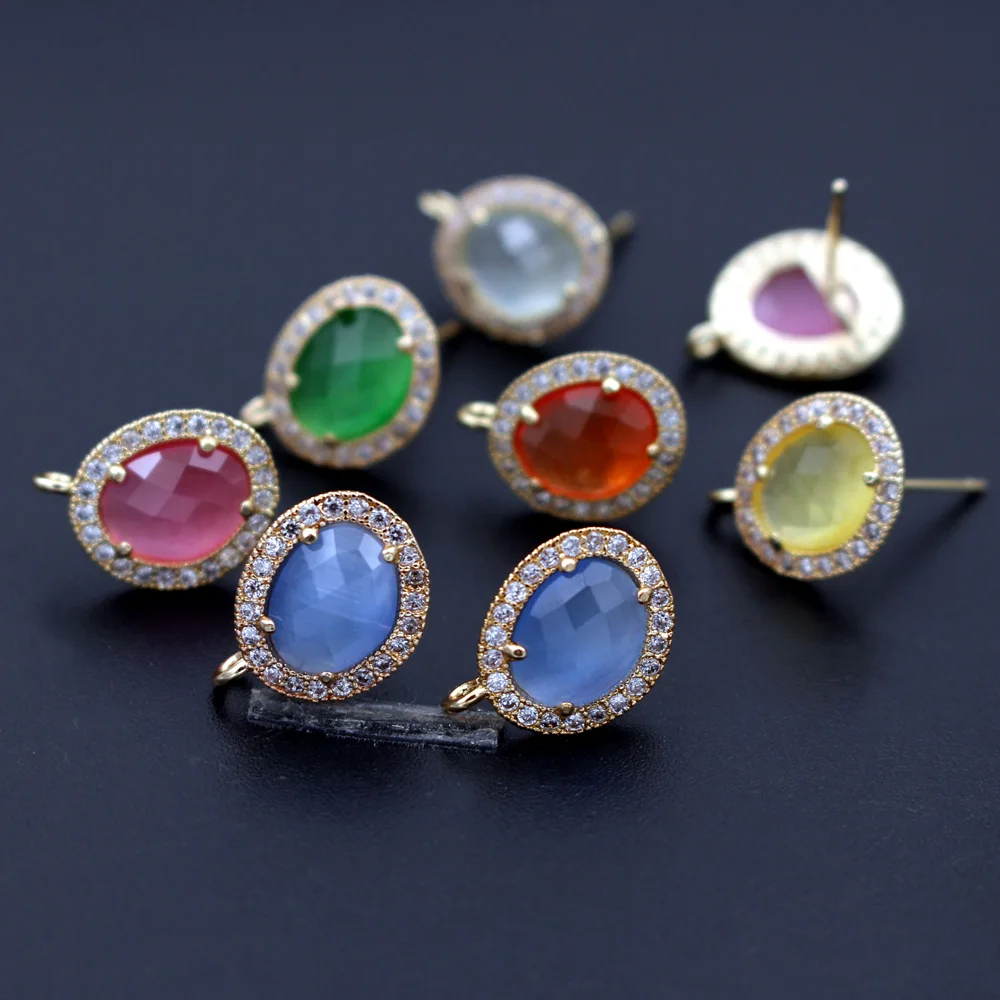6pair DIY Women Jewelry Accessories Colors Green Blue Cats Eye Stone Stud Earrings with Open Loop Connectors Linkers CZ Paved