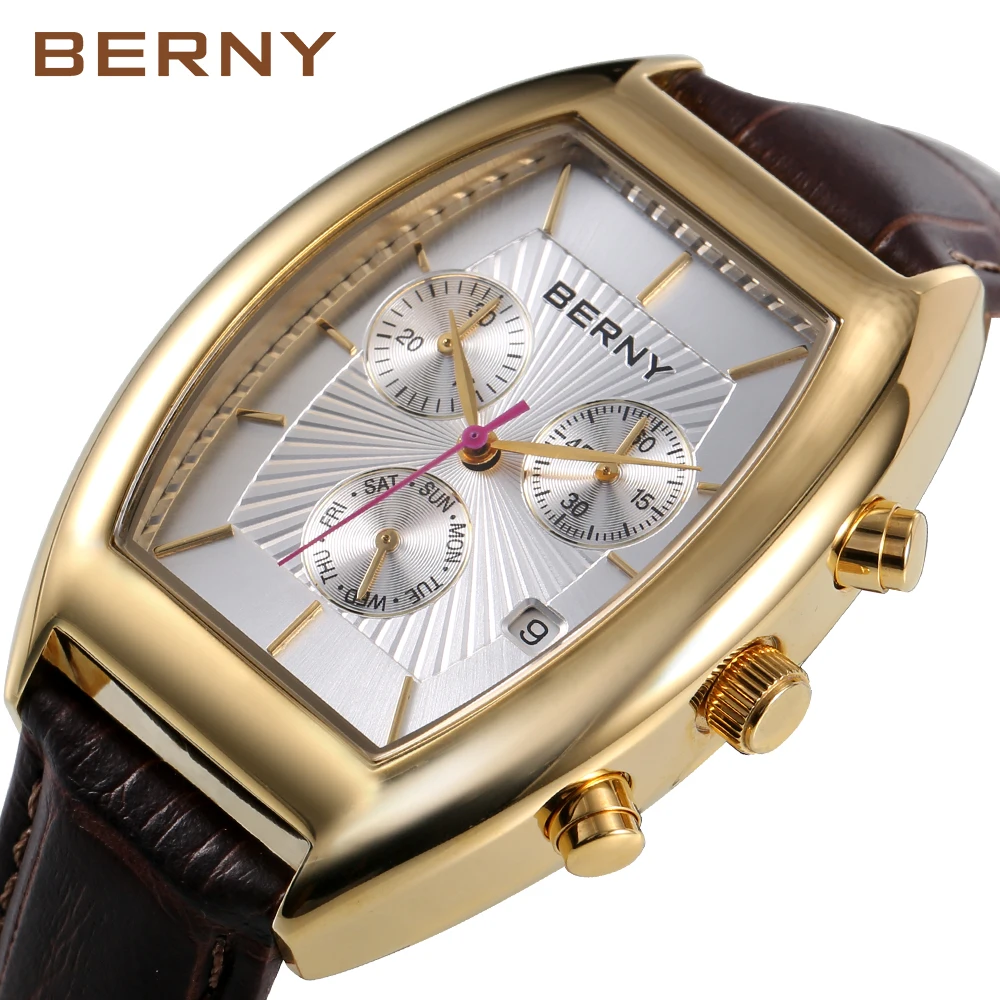 BERNY Men\'s Watch  Classic Tonneau Quartz Chronograph Watches for Men Multifunction Dial Vintage Business Dress Wristwatch