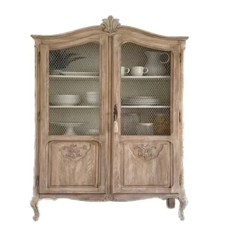 American retro dining side cabinet solid wood carving flower old wabi sanfeng side cabinet living room wall glass wine cabinet