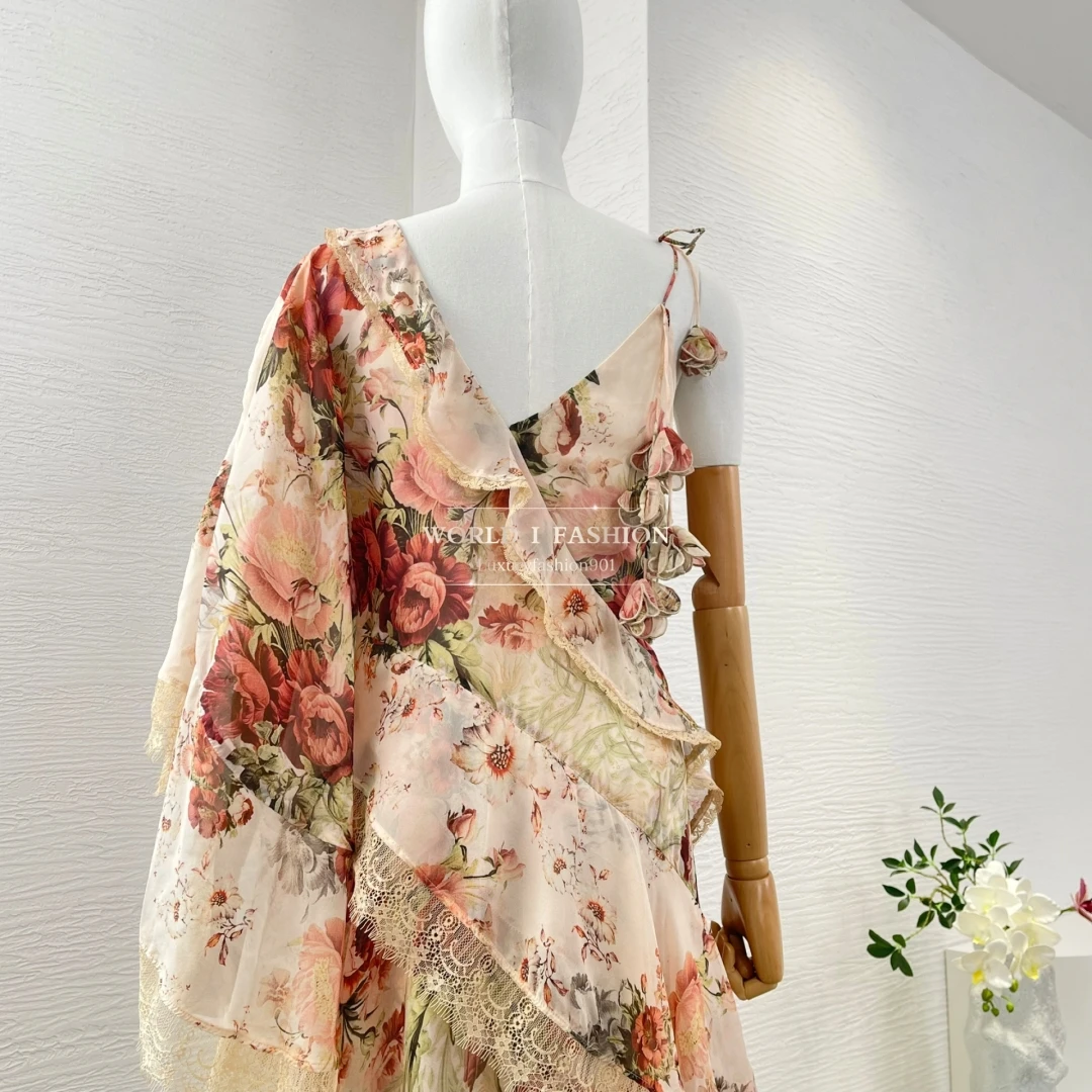 

Red Beige Rose Flowers Print Long Unilateral Sleeve Ruffles Irregular Hem Flowers Appliqued Midi Dress High Quality Silk 2025