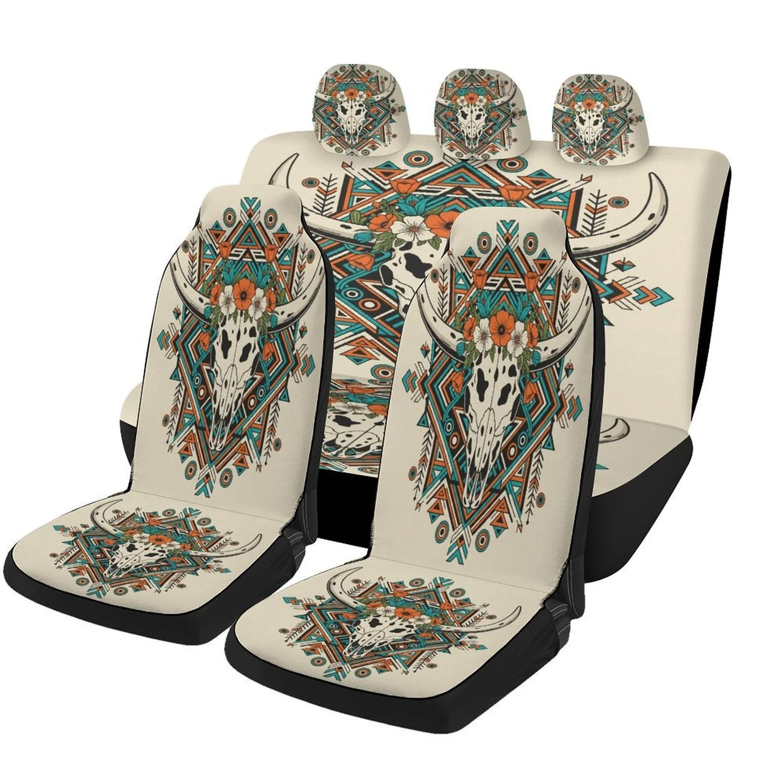 Set Of Car Seat Covers Featuring An Aztec Bull Skull Design, Suitable For Various Vehicles. Stylish And Breathable, These Decora