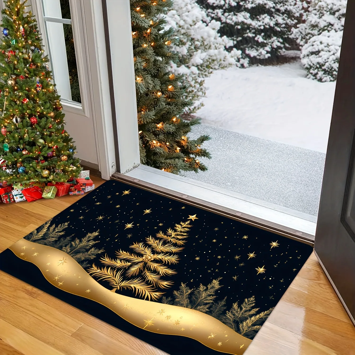 

Glam Gold Christmas Tree & Star Doormat, Festive Home Decor Mat