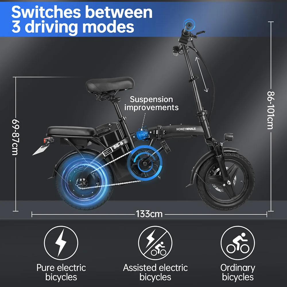 HONEYWHALE S6-S Electric Bike 14-inch Tire 250W Brushless Motor E-Bike 48V 10.4Ah Battery 35km/h Max Speed Dual Disc Brake